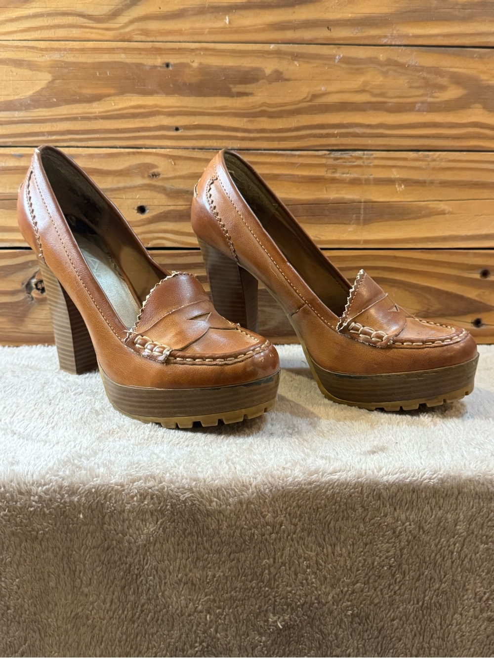 MIA Tan Platform Loafer Heels